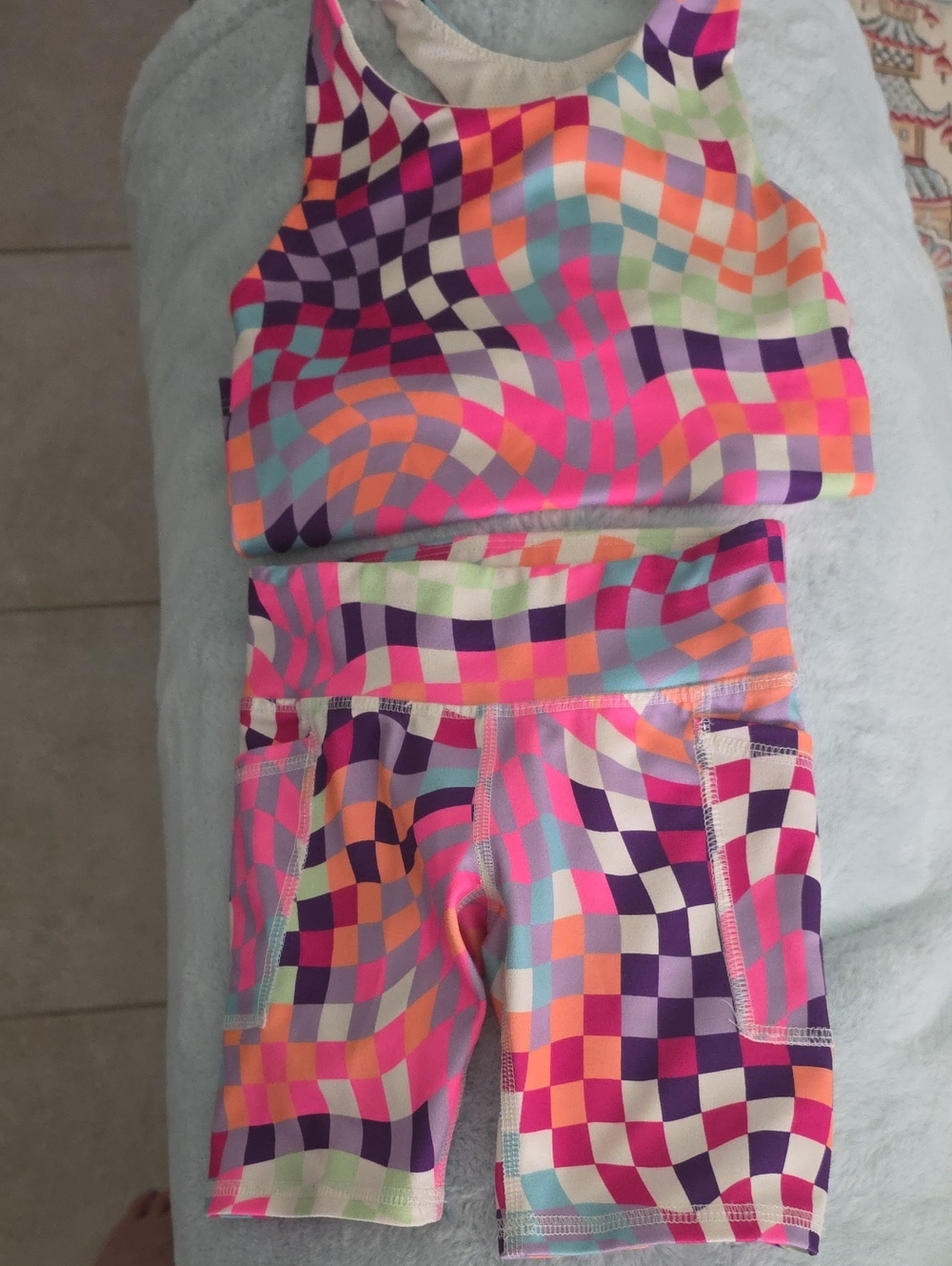 Athletech Multi-Color Checkerboard Active Crop Top & Shorts Set
